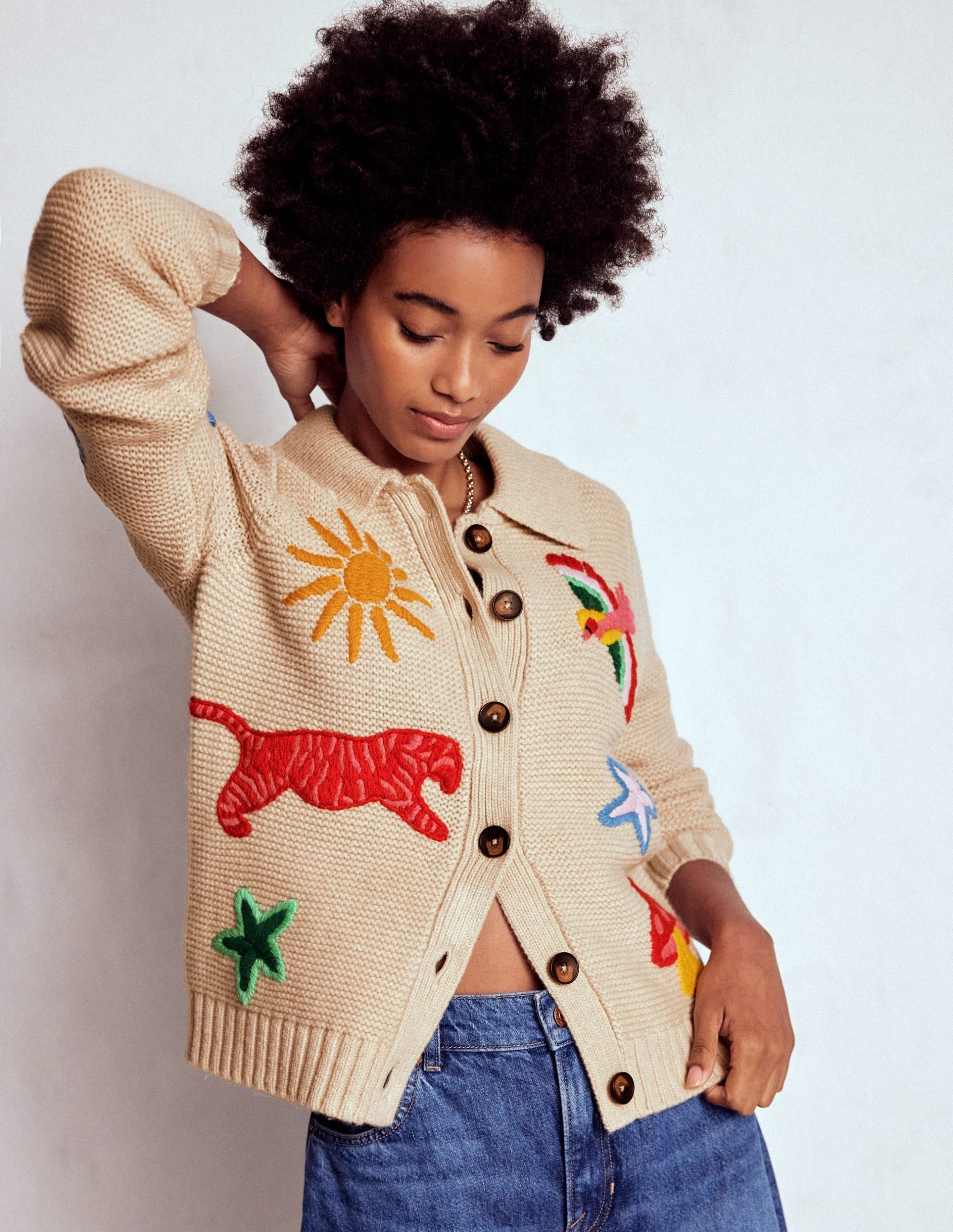 Embroidered Collared Cardigan-Ecru Marl - Image 4