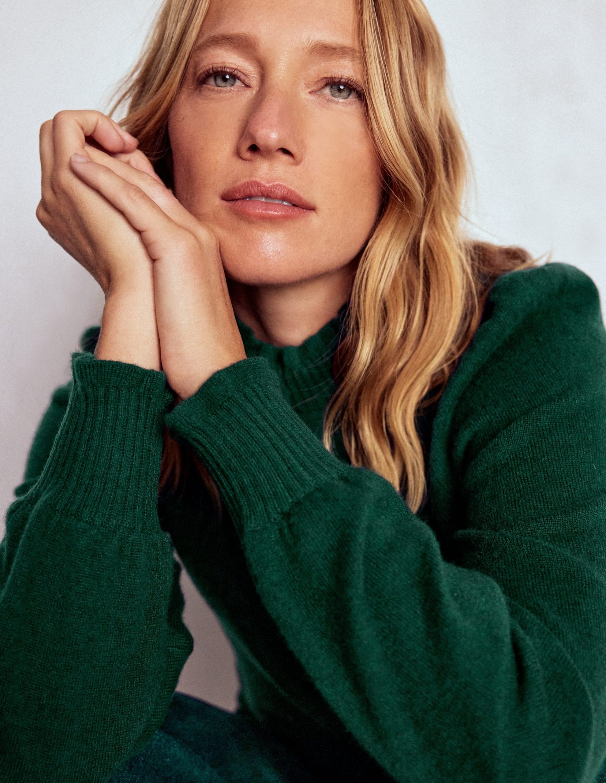 Frill Trim Cashmere Sweater-Mallard Blue