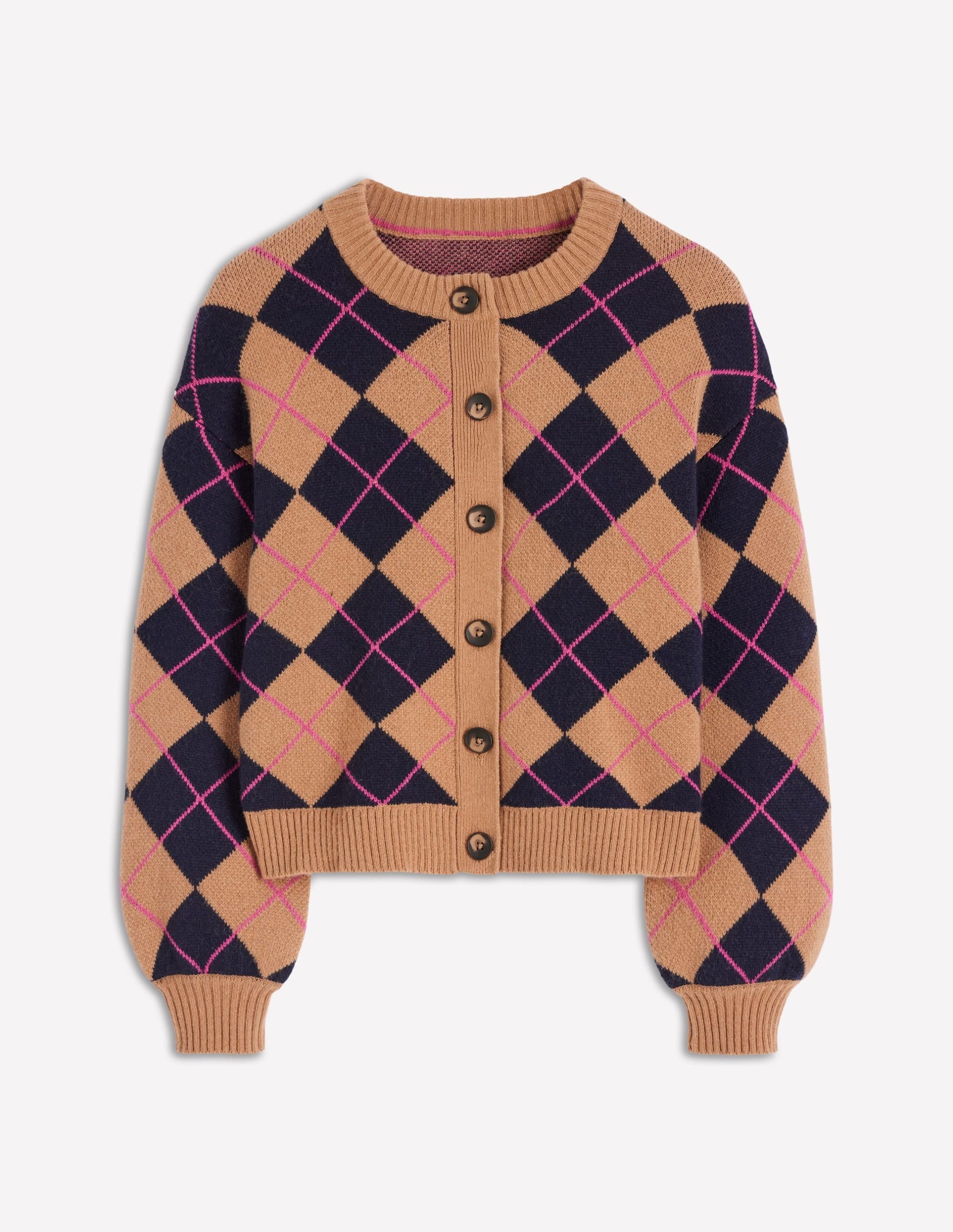 Abi Jacquard Cardigan-Camel. Navy Argyle - Image 6