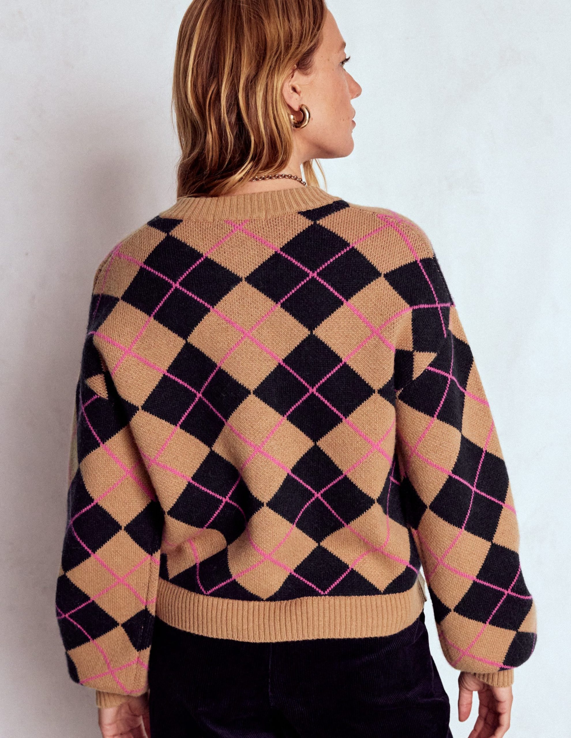 Abi Jacquard Cardigan-Camel. Navy Argyle - Image 4