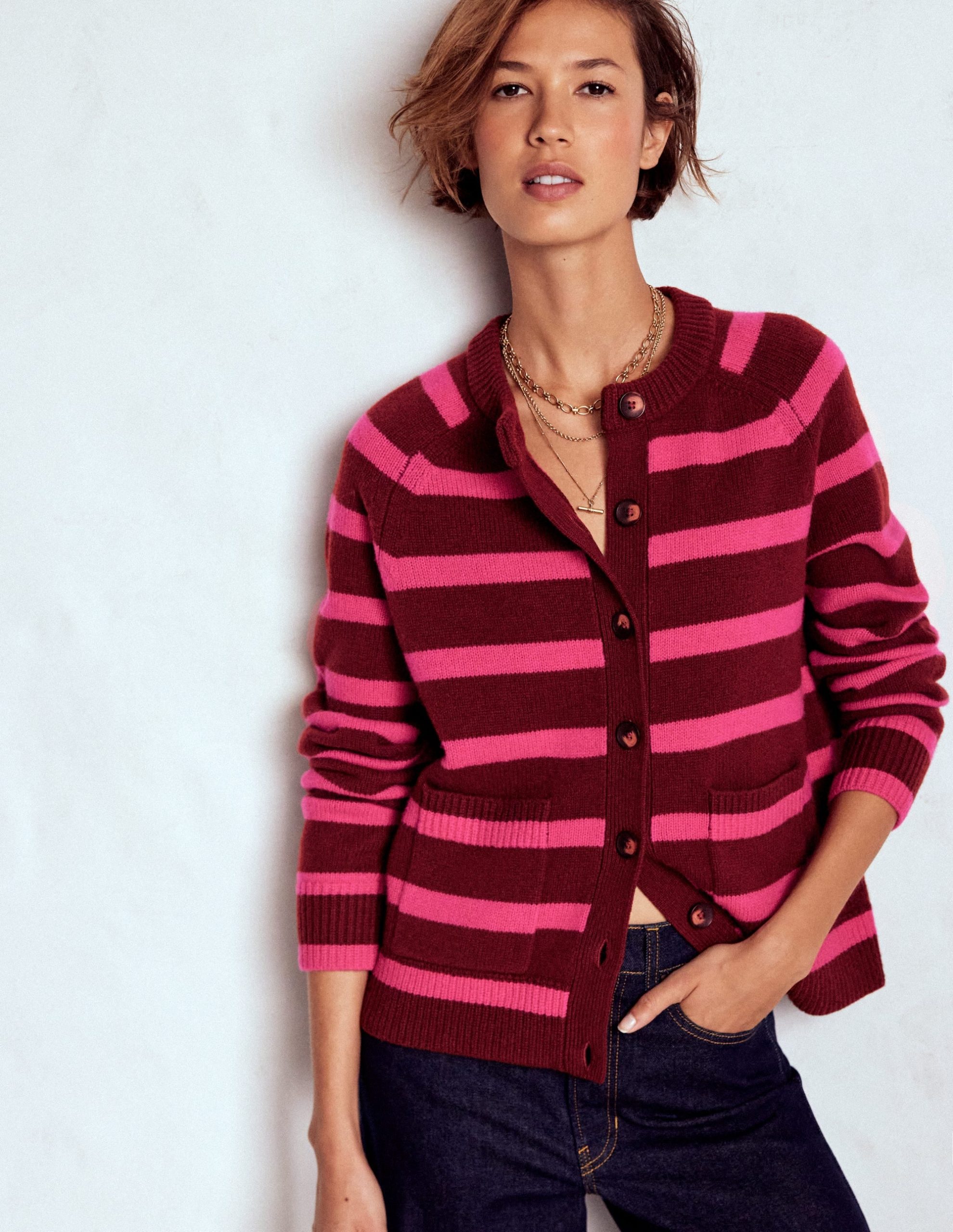 Marion Merino Cardigan-Raw Umber. Brilliant Pink