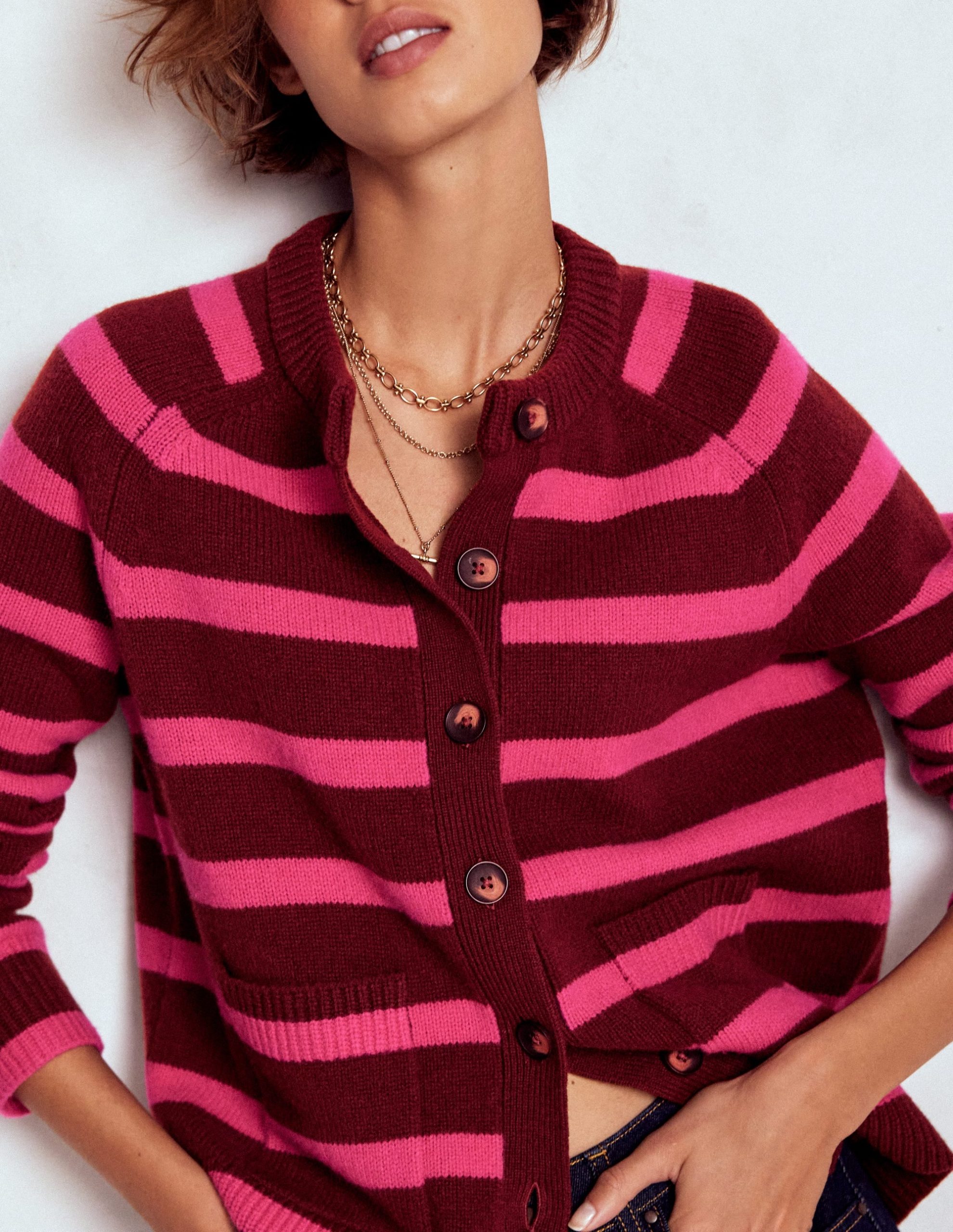 Marion Merino Cardigan-Raw Umber. Brilliant Pink - Image 3