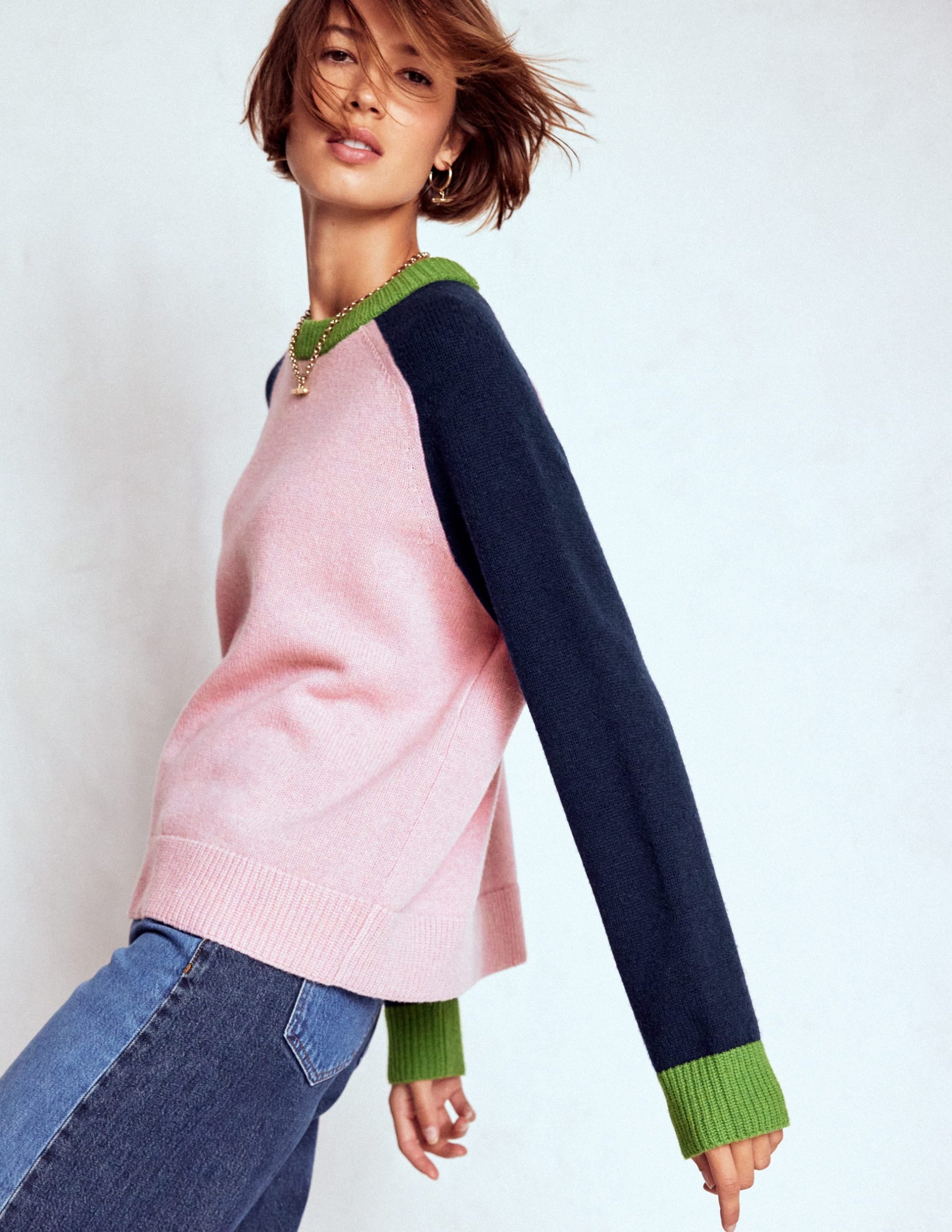 Marion Merino Sweater-French Pink. Navy Colour Block