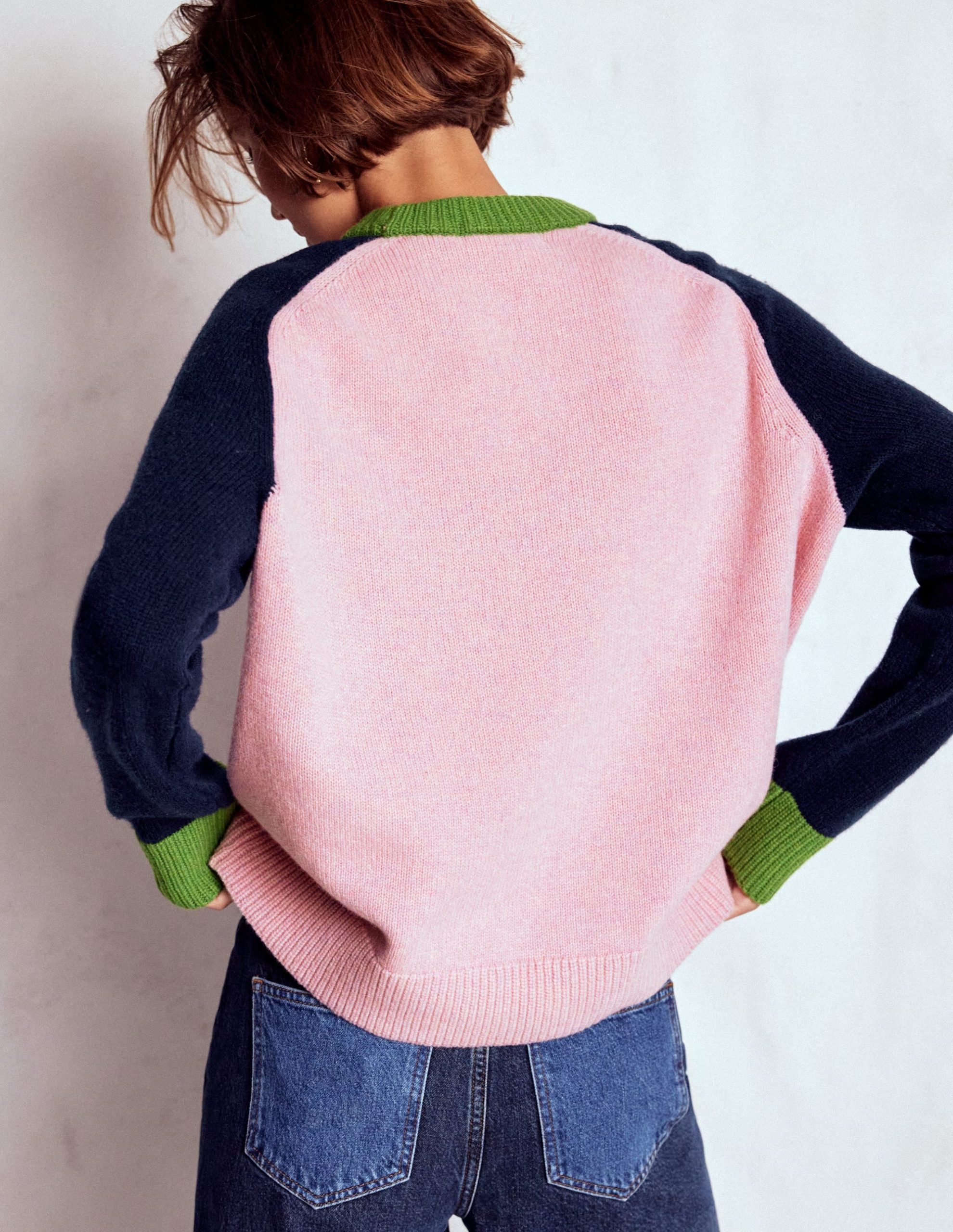 Marion Merino Sweater-French Pink. Navy Colour Block - Image 3