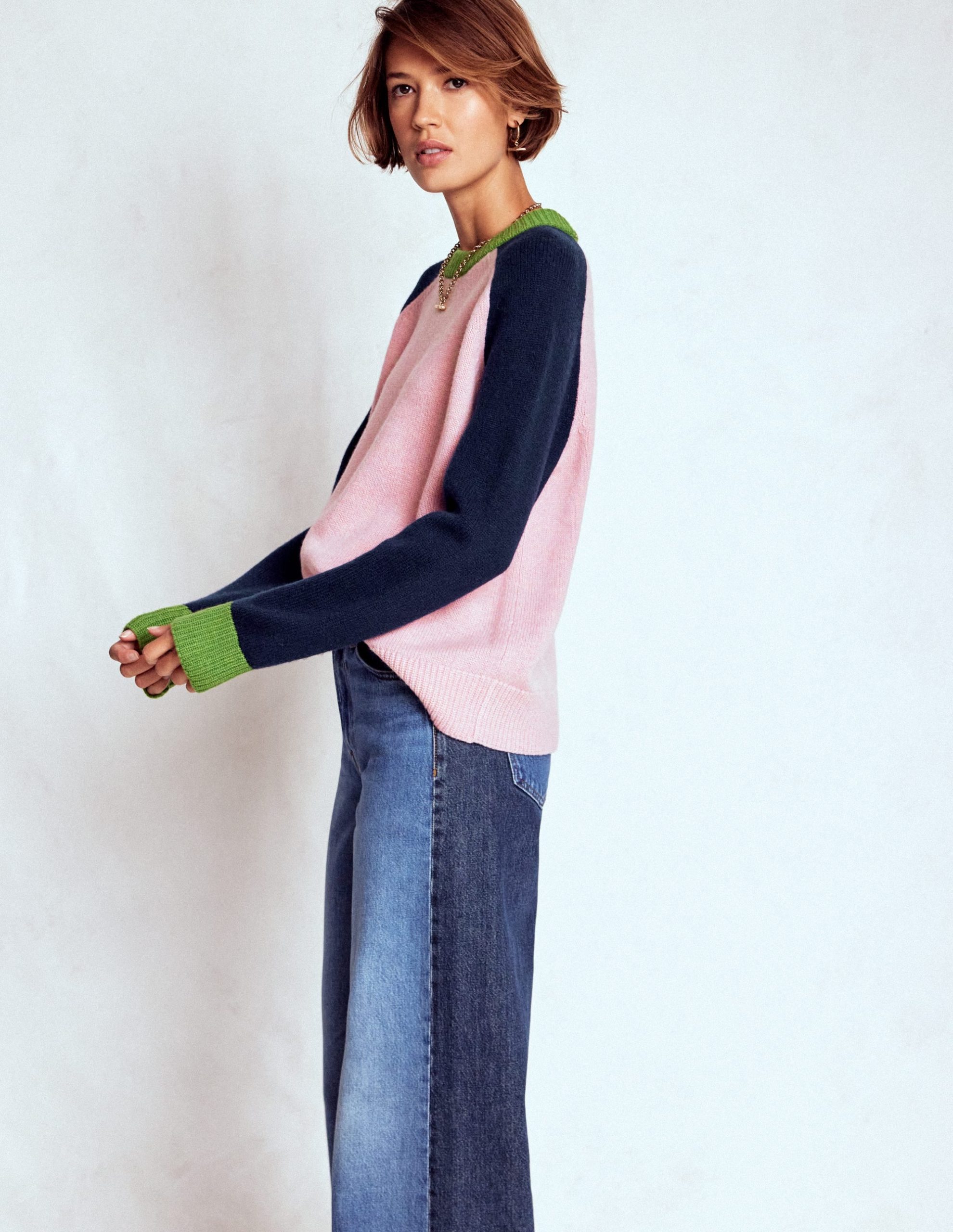 Marion Merino Sweater-French Pink. Navy Colour Block - Image 4