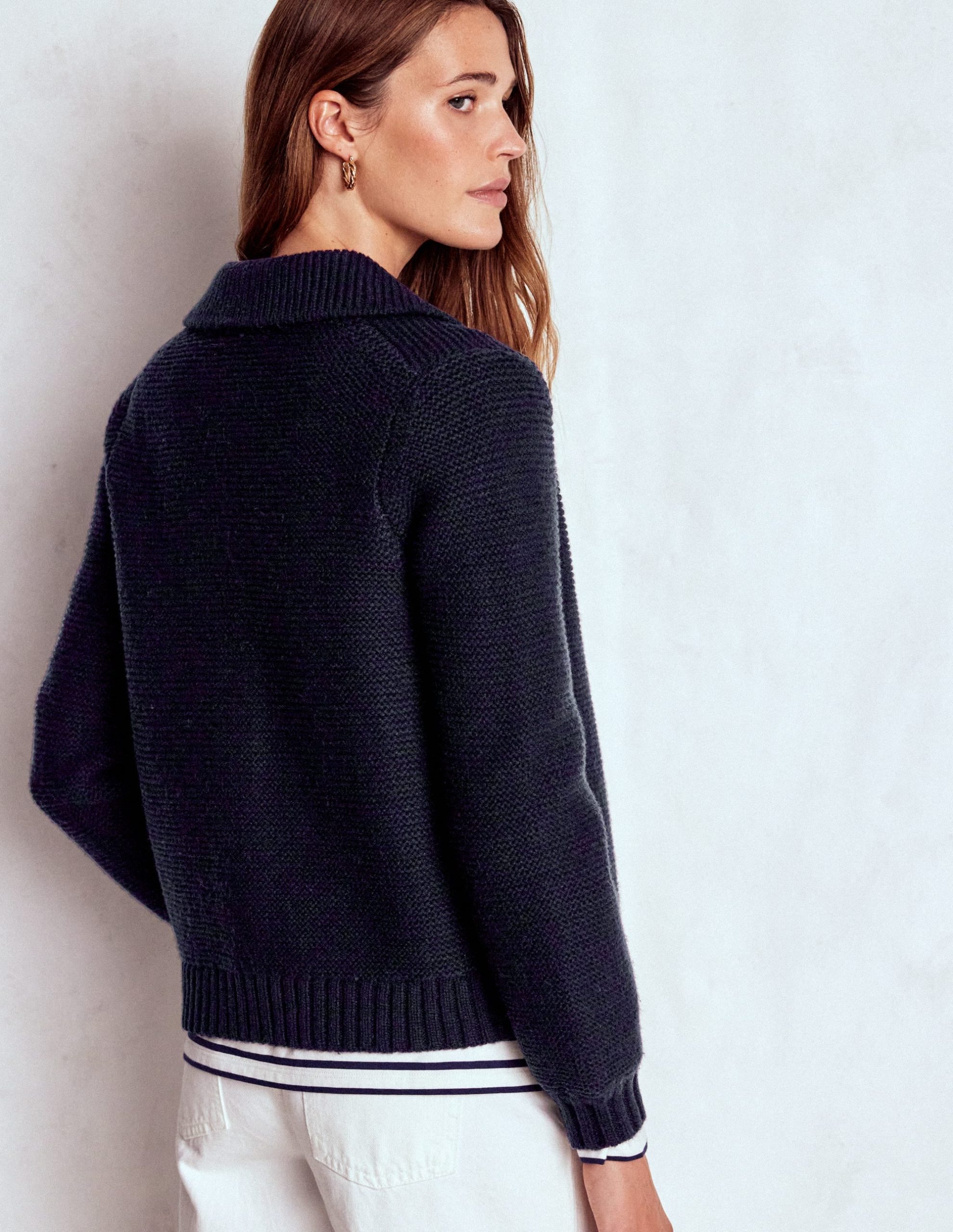 Chunky Collar Knitted Jacket-Navy - Image 3