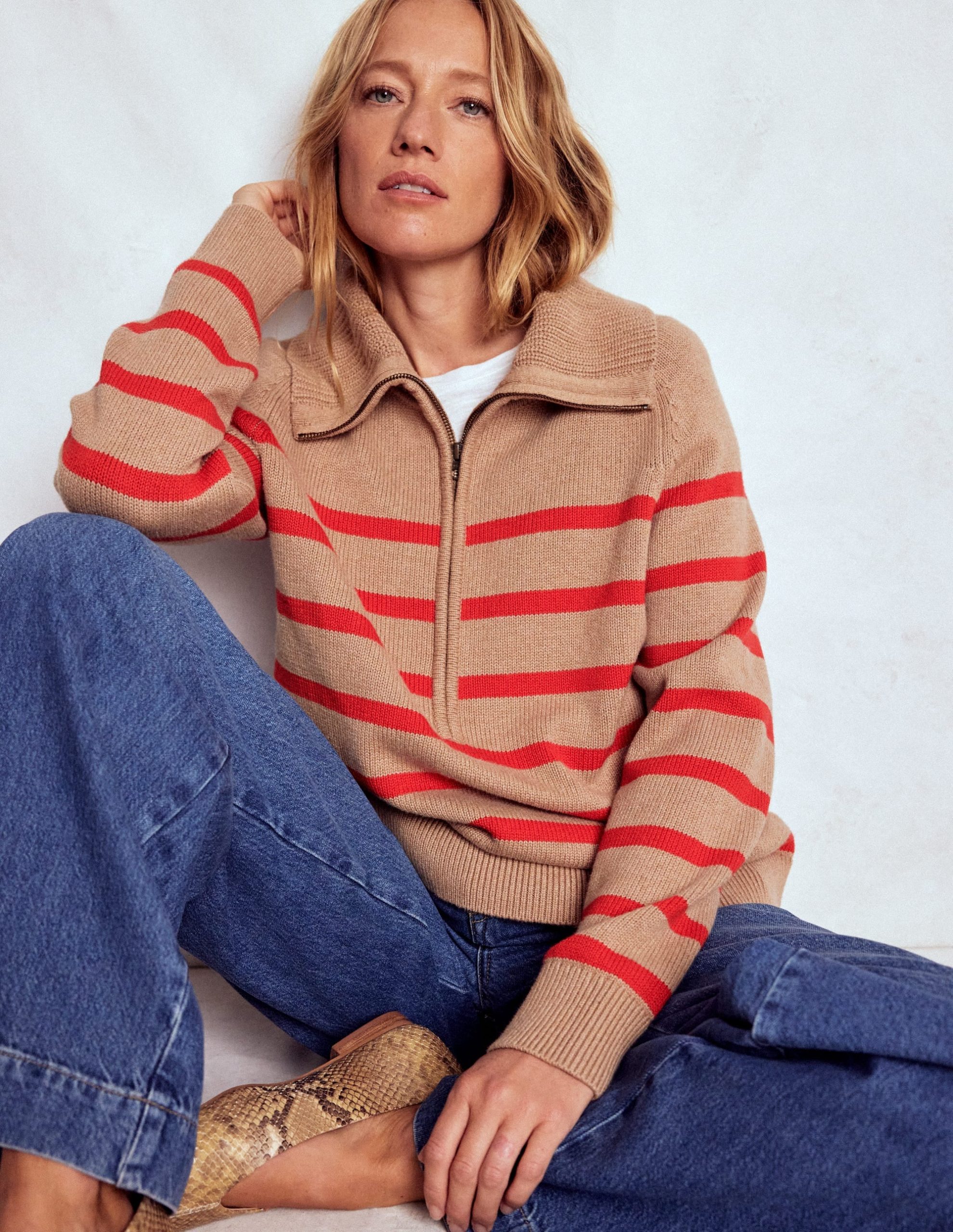 Lucy Half-zip Sweater-Camel Melange. Red Stripe - Image 2