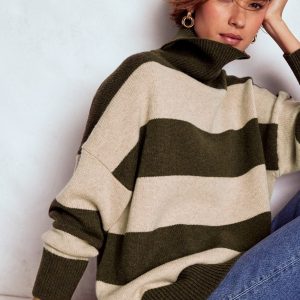 Polly Merino Roll Neck Sweater-Marsh. Linen Stripe