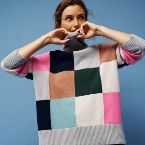 Polly Merino Roll Neck Sweater-Grey Marl Check