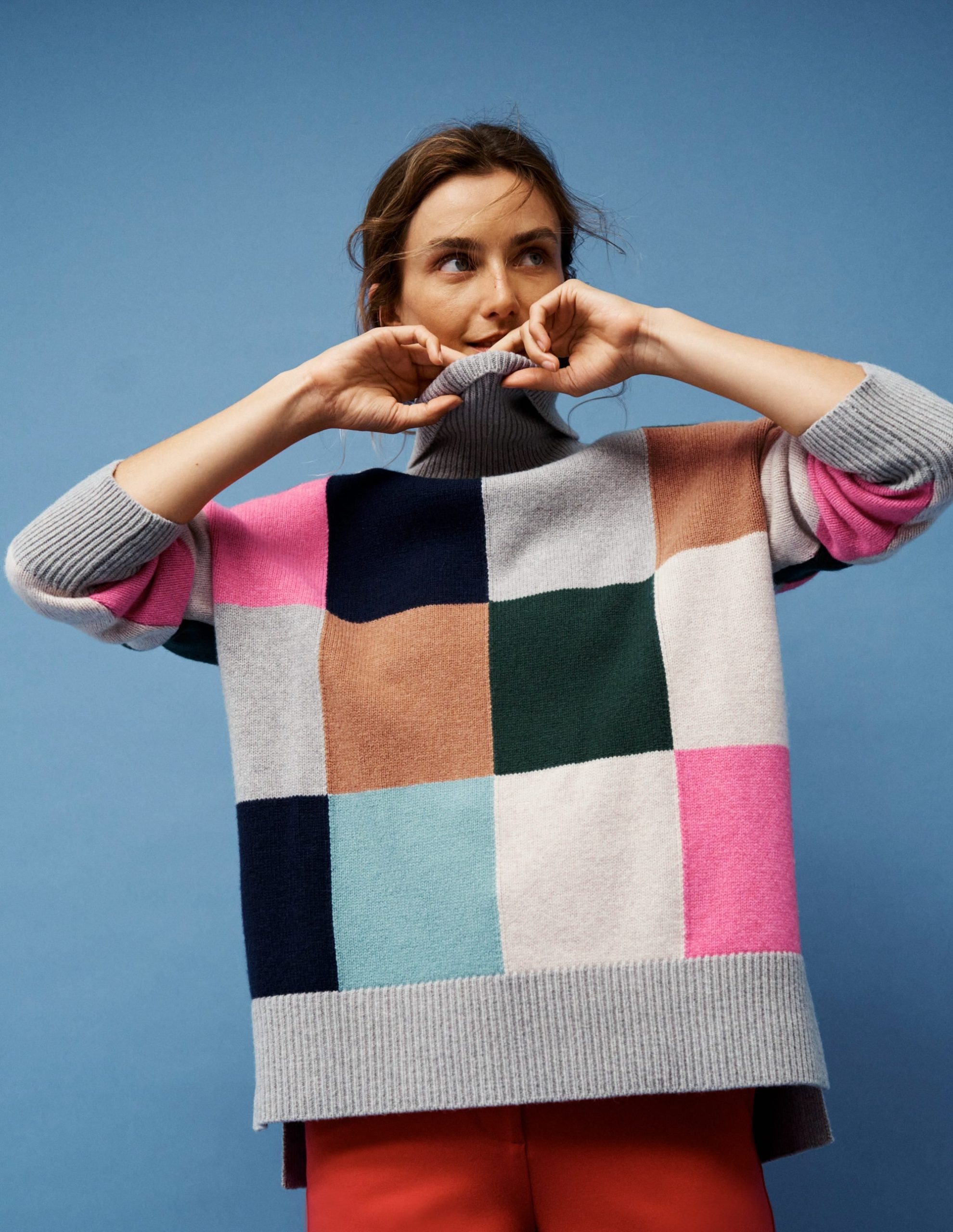 Polly Merino Roll Neck Sweater-Grey Marl Check