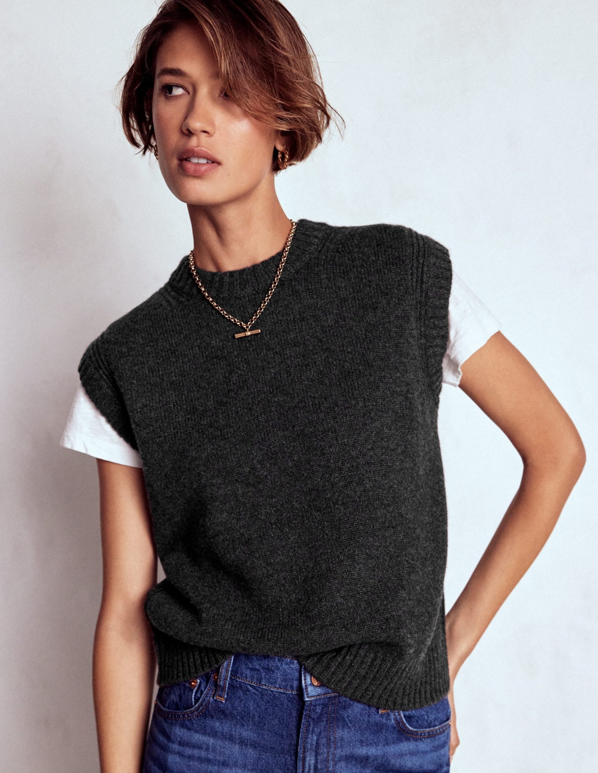 Cashmere Ribbed Trim Vest-Charcoal Melange - Image 2