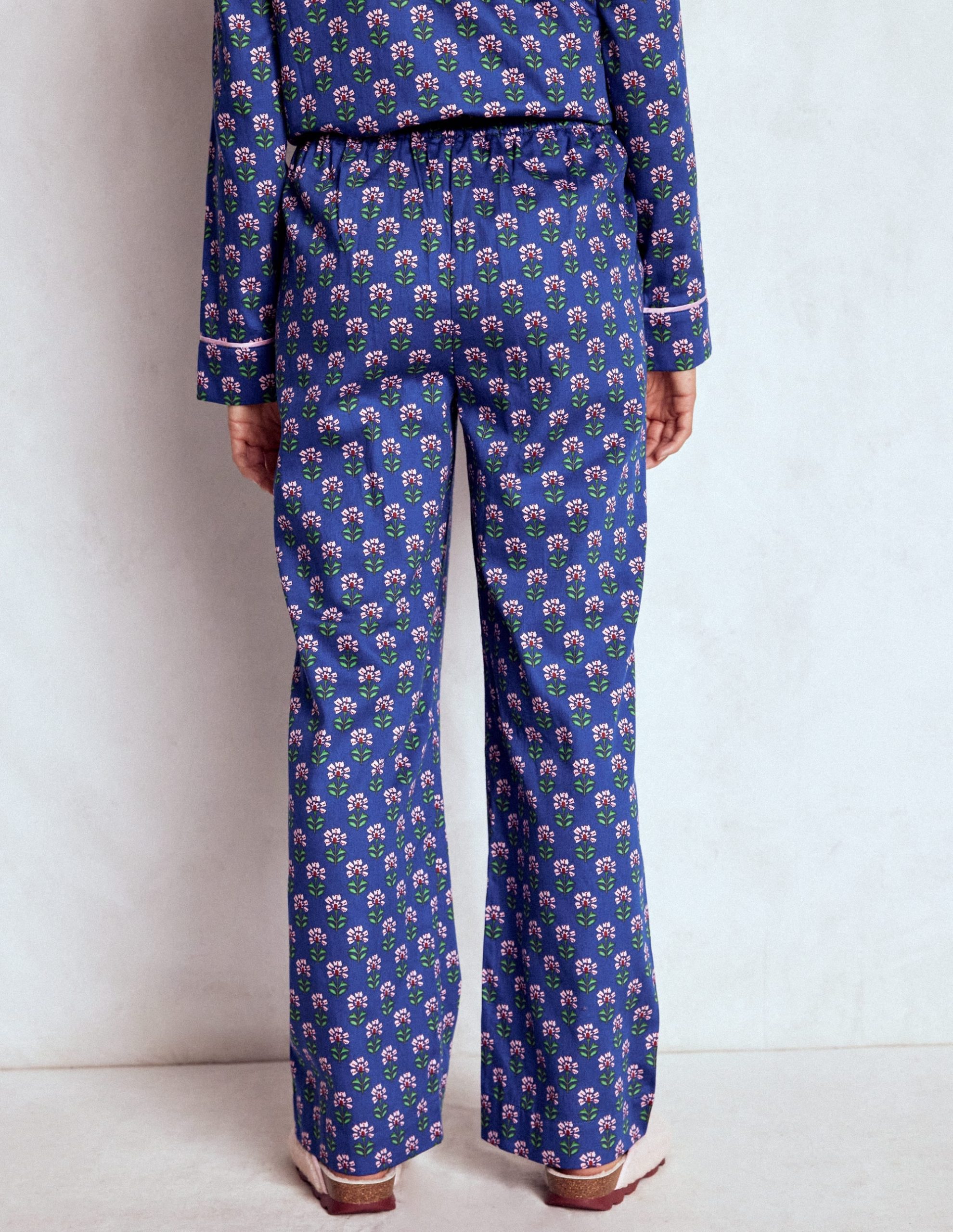 Cotton Pajama Pants-Bright Blue. Woodblock Flower - Image 2