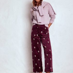 Primrose Cord Pants-Dark Cherry Embroidery