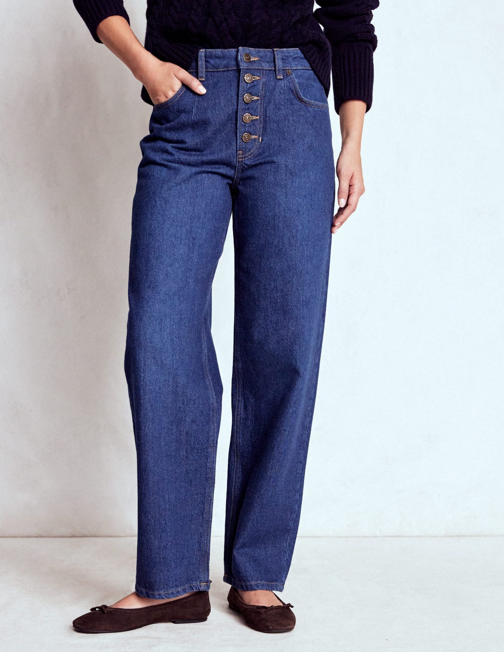 Exposed Button Straight Jeans-Indigo - Image 4