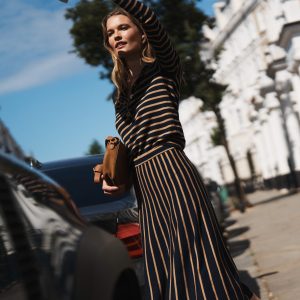 Liz Knitted Midi Skirt-Navy and Camel Stripe