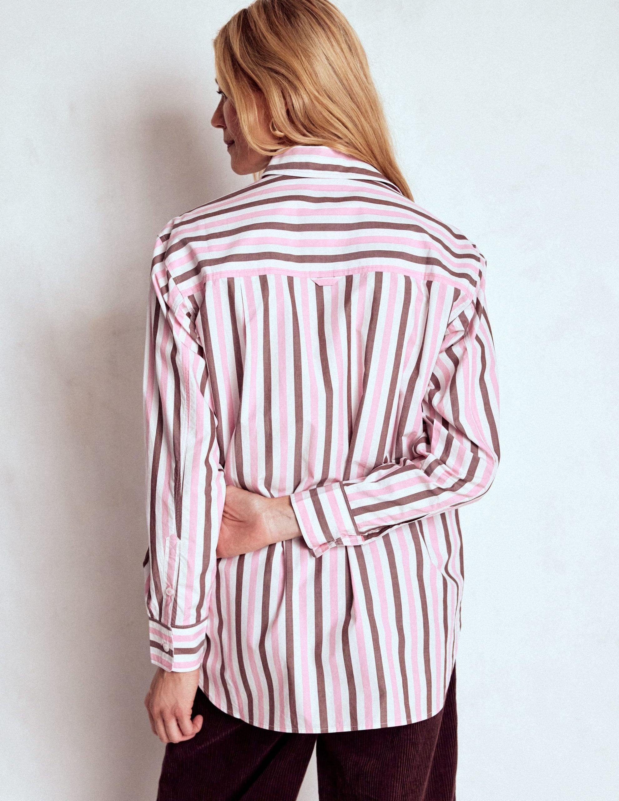 Sadie Relaxed Cotton Shirt-Pink and Chestnut Stripe - Image 3