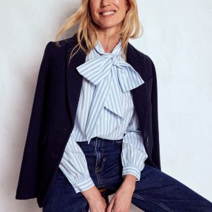 Tie Neck Top-Glacier Blue and Ivory Stripe