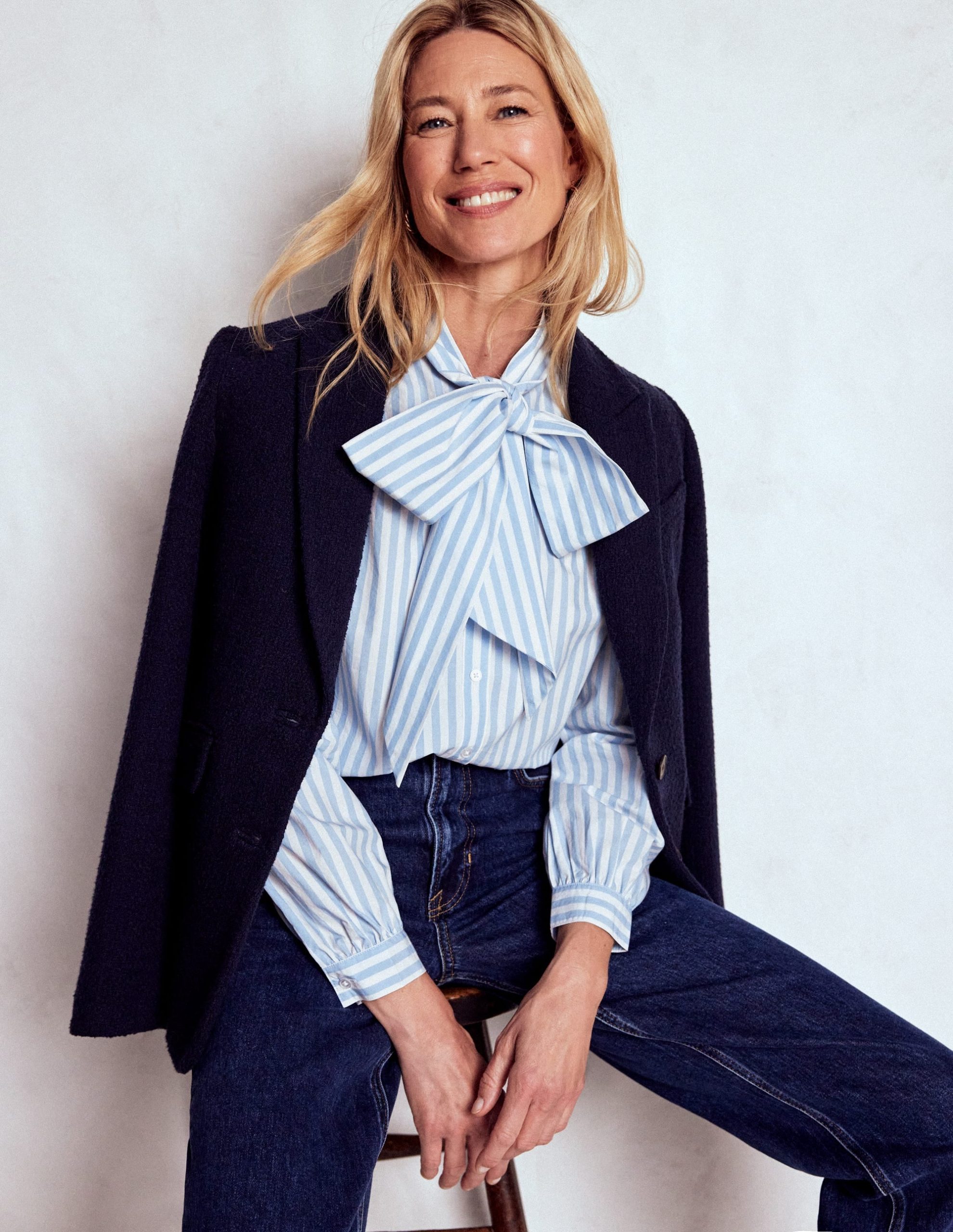 Tie Neck Top-Glacier Blue and Ivory Stripe