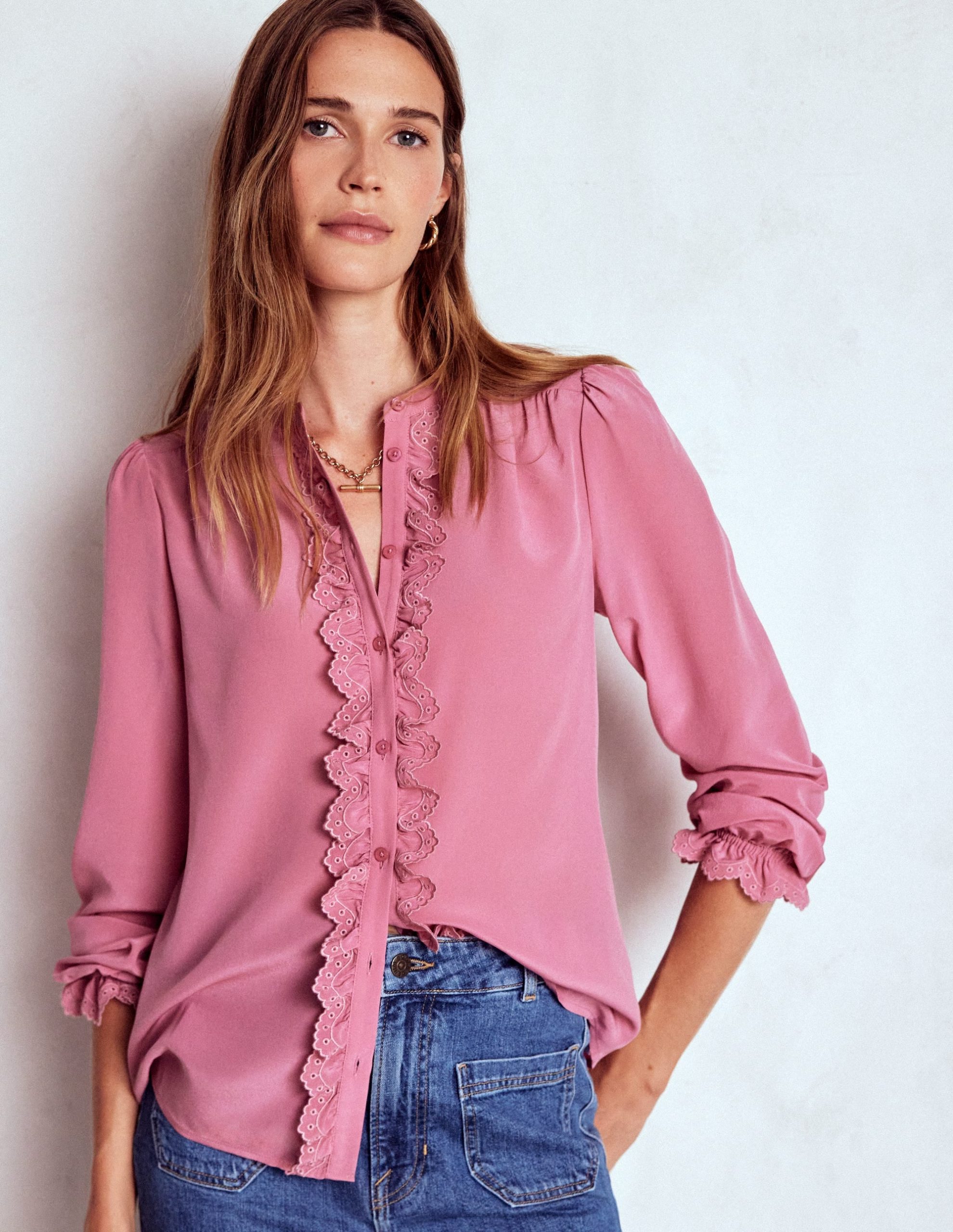 Alice Frill Front Silk Top-Pink Heather - Image 4