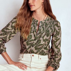 Elsa Smocked Yoke Jersey Shirt-Green. Leaping Leopard