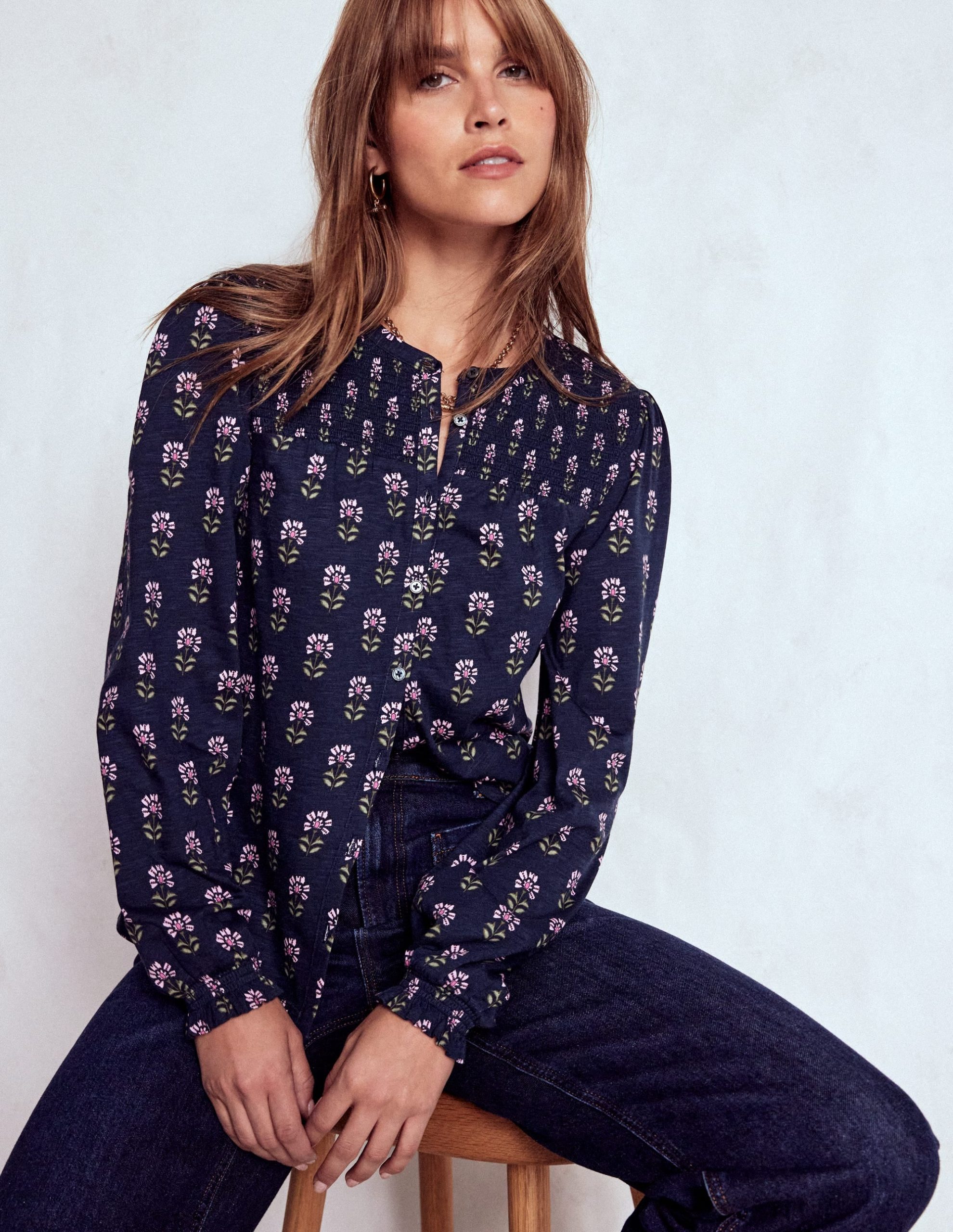 Elsa Smocked Yoke Jersey Shirt-Navy. Woodblock Flower - Image 2