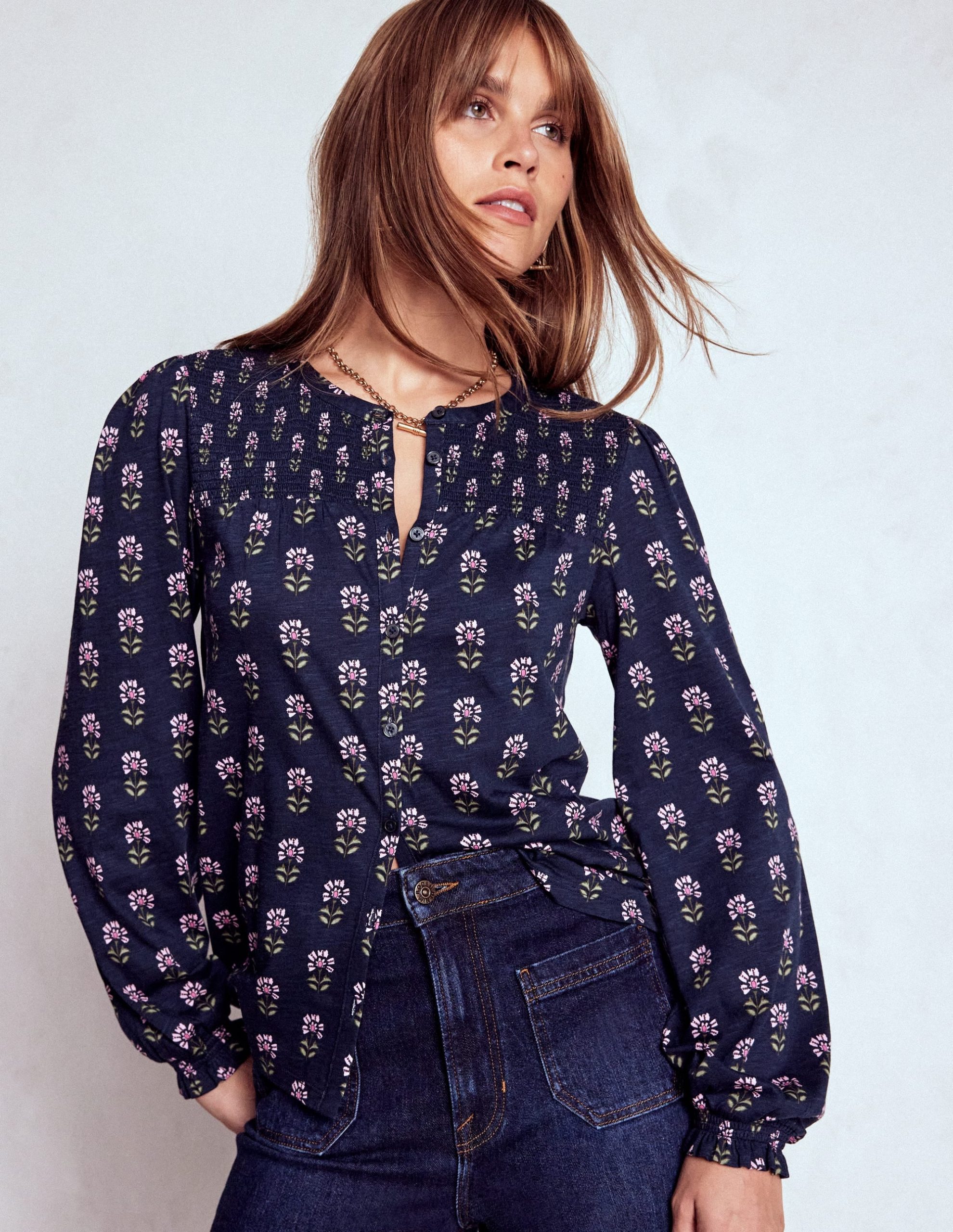 Elsa Smocked Yoke Jersey Shirt-Navy. Woodblock Flower - Image 3