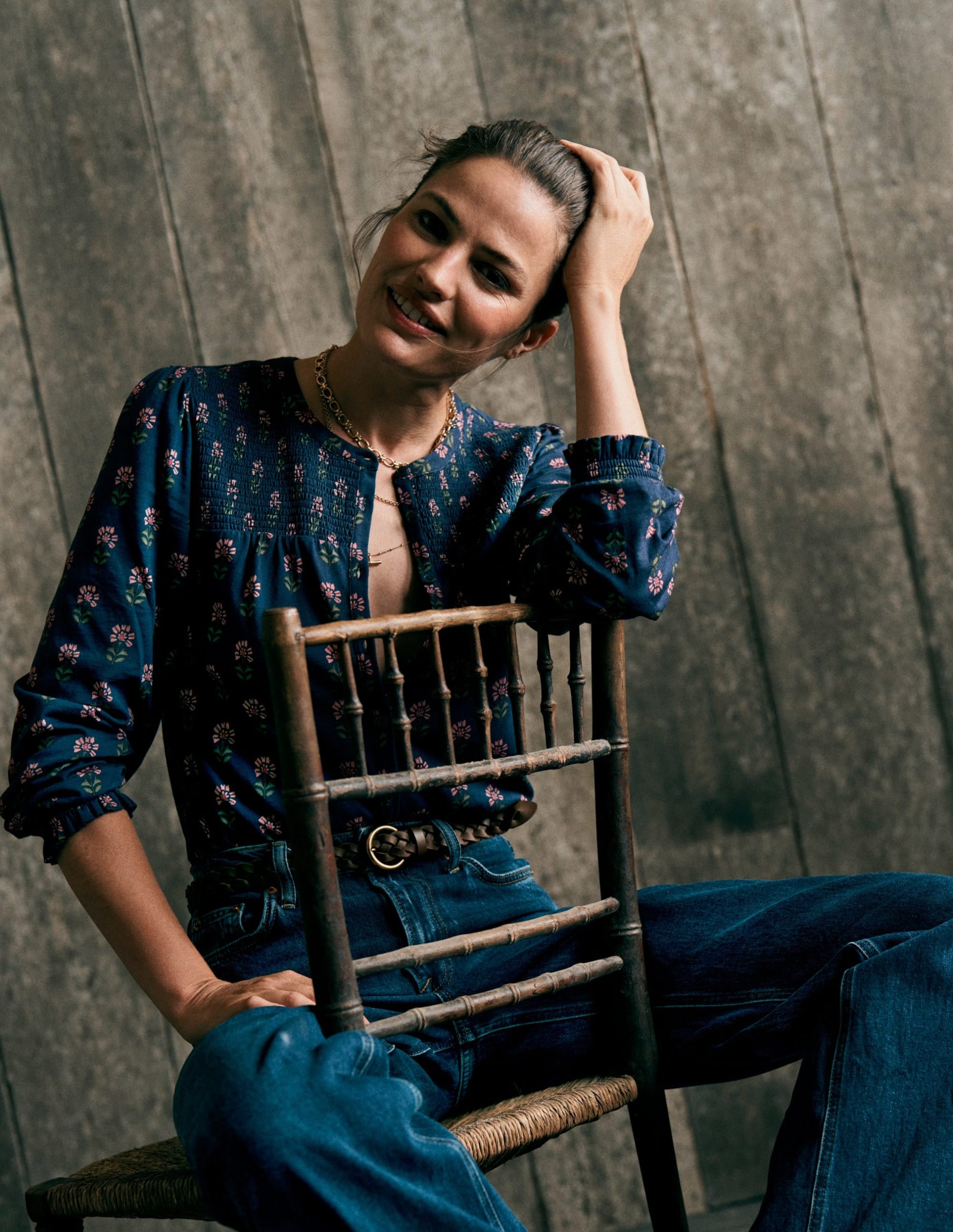 Elsa Smocked Yoke Jersey Shirt-Navy. Woodblock Flower