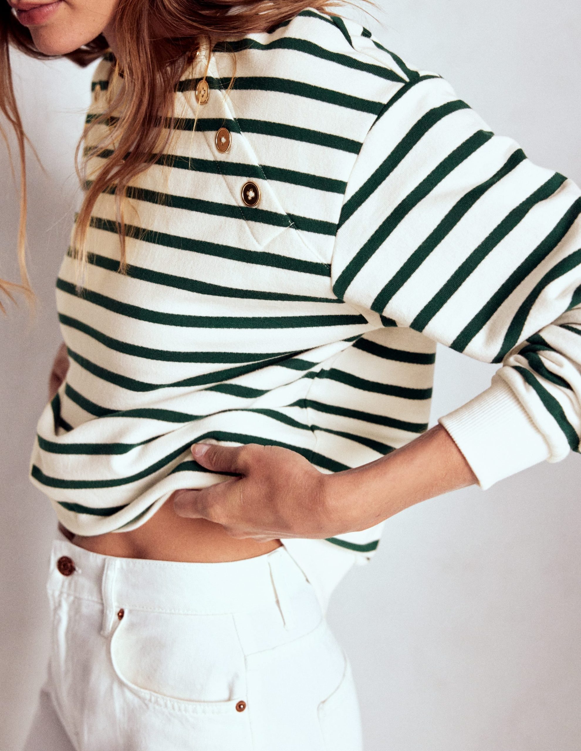 Button Detail Sweatshirt-Emerald Night. Ivory - Image 2