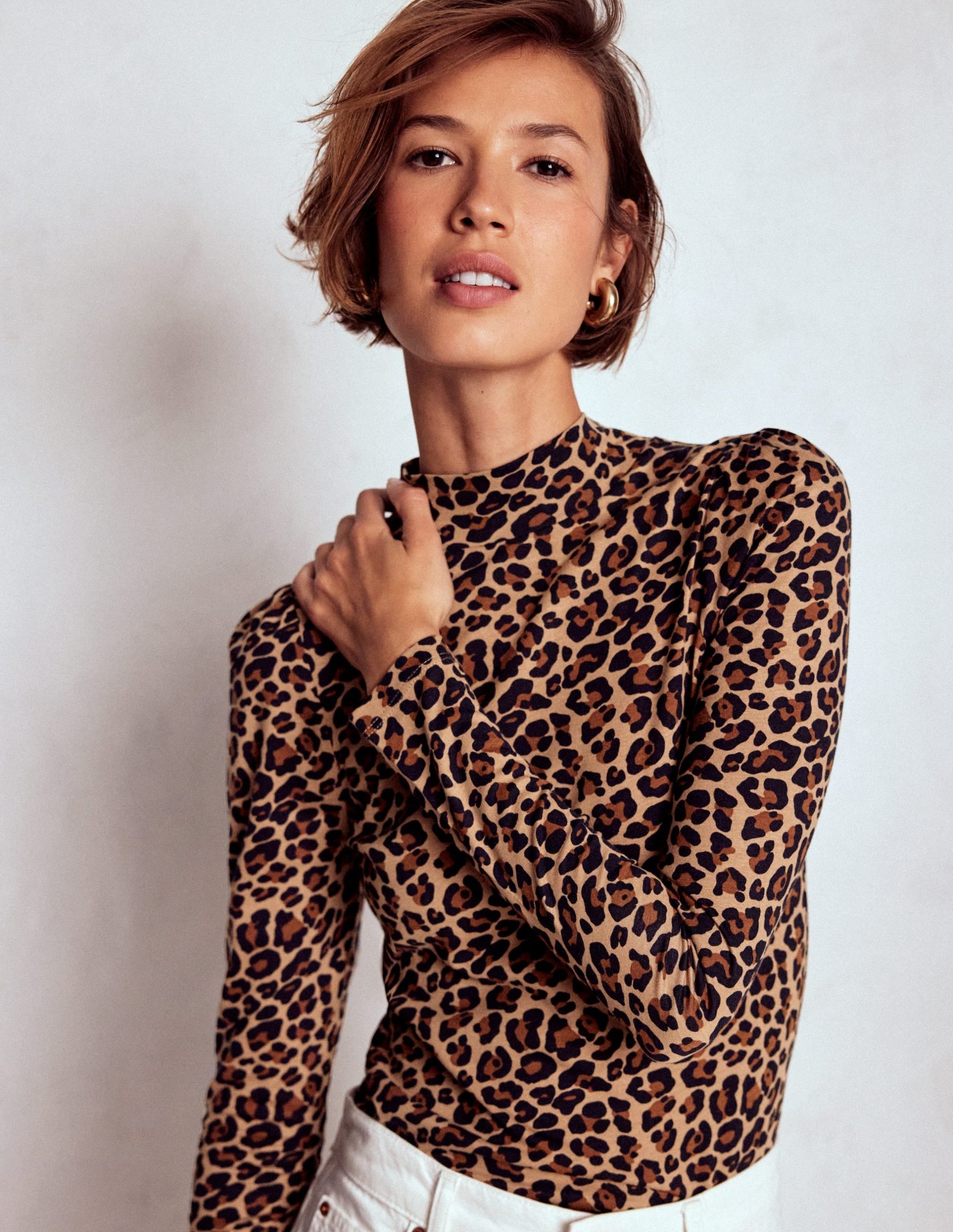 Puff Shoulder Jersey Top-Multi. Cheetah Pop