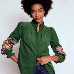 Lorna Cord Top-Hunter Green Embroidered