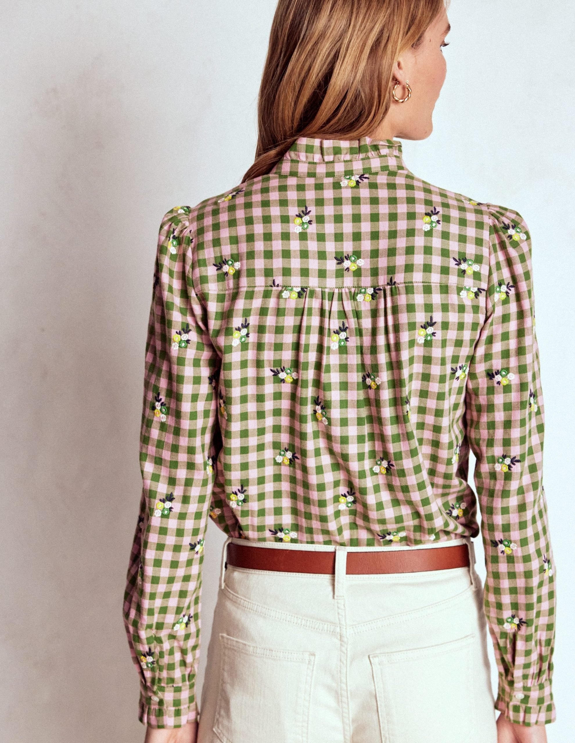 Helena Brushed Cotton Top-Green and Pink Floral Check - Image 3