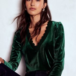 Flora V-Neck Velvet Top-Emerald Night