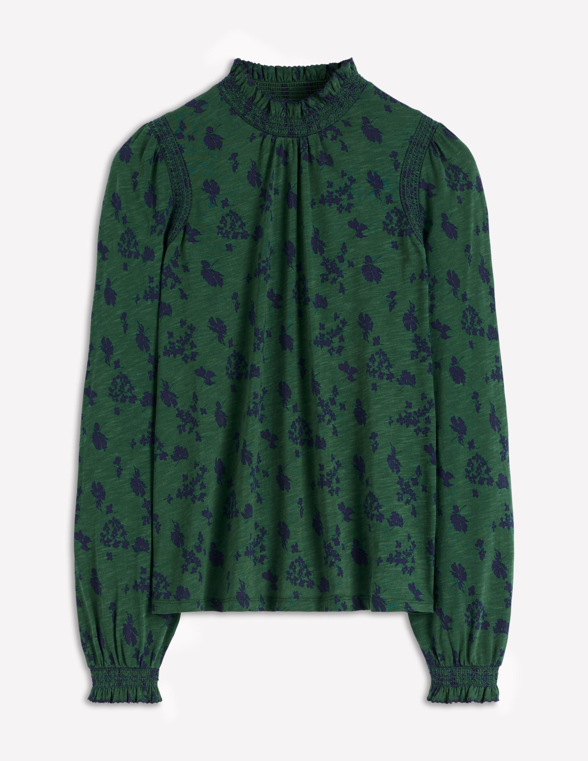 Tia Smocked Neck Jersey Top-Dark Green. Dainty Meadow - Image 5