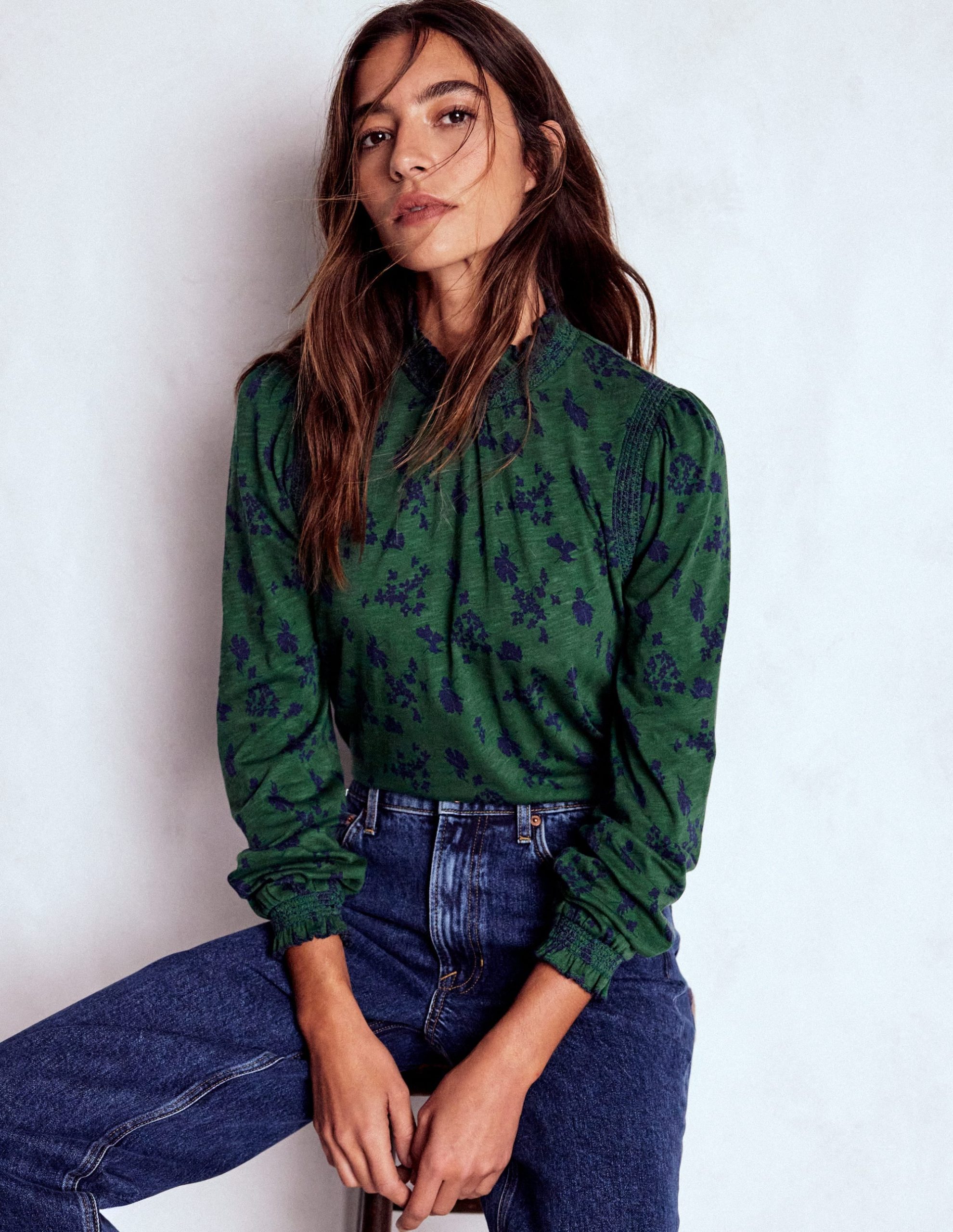 Tia Smocked Neck Jersey Top-Dark Green. Dainty Meadow - Image 2