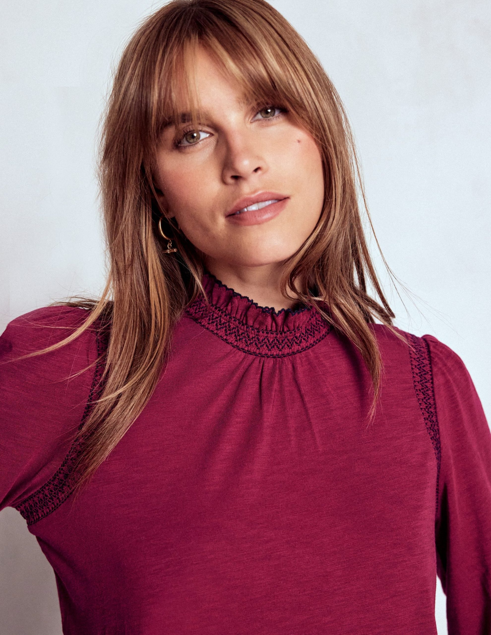 Tia Smocked Neck Jersey Top-Ruby Red - Image 3