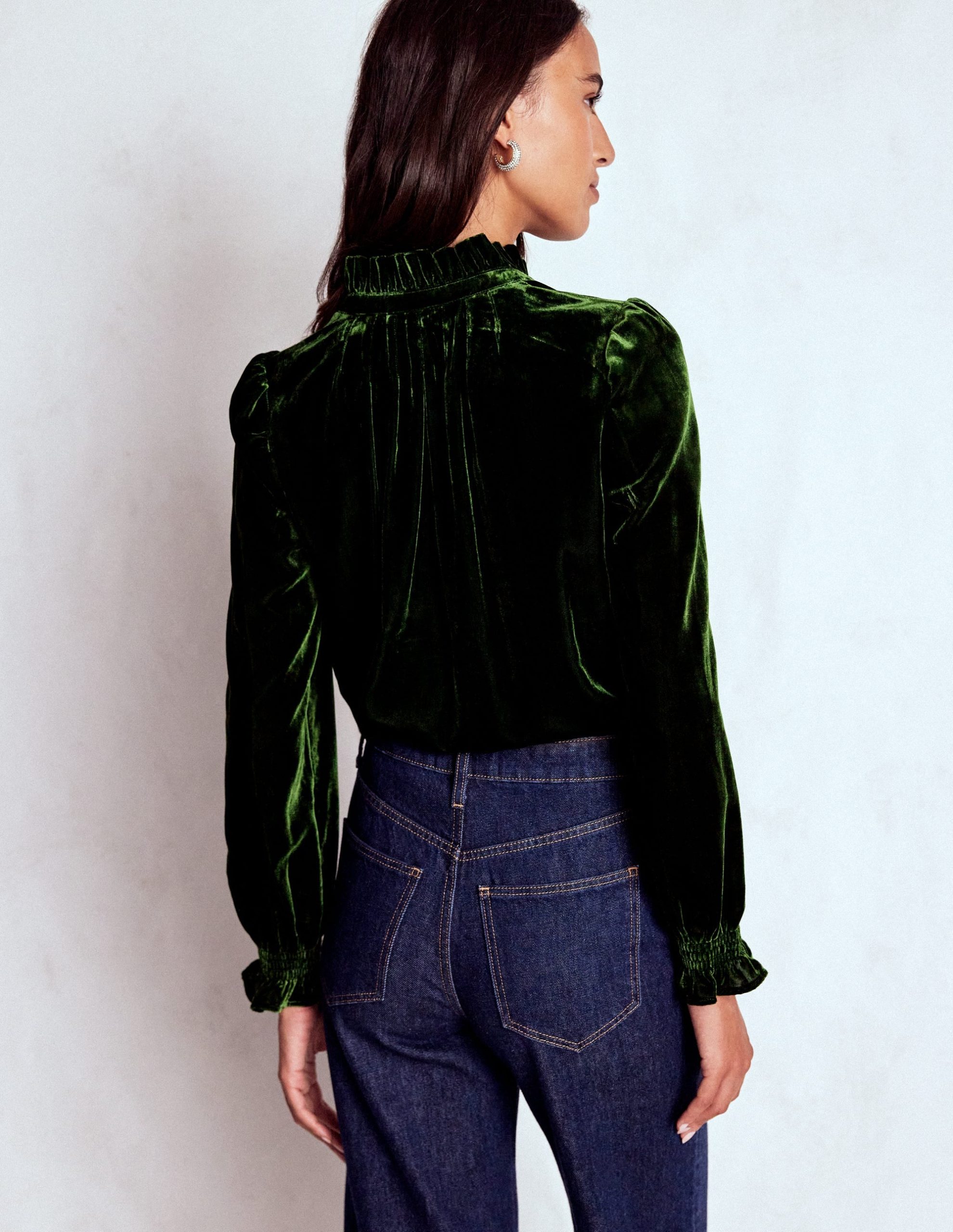 Lorna Pleat Neck Velvet Top-Green Fir - Image 3