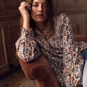 Smocked Yoke Cord Top-Ivory Floral