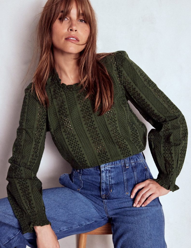 Frill Detail Broderie Top-Forest Glade