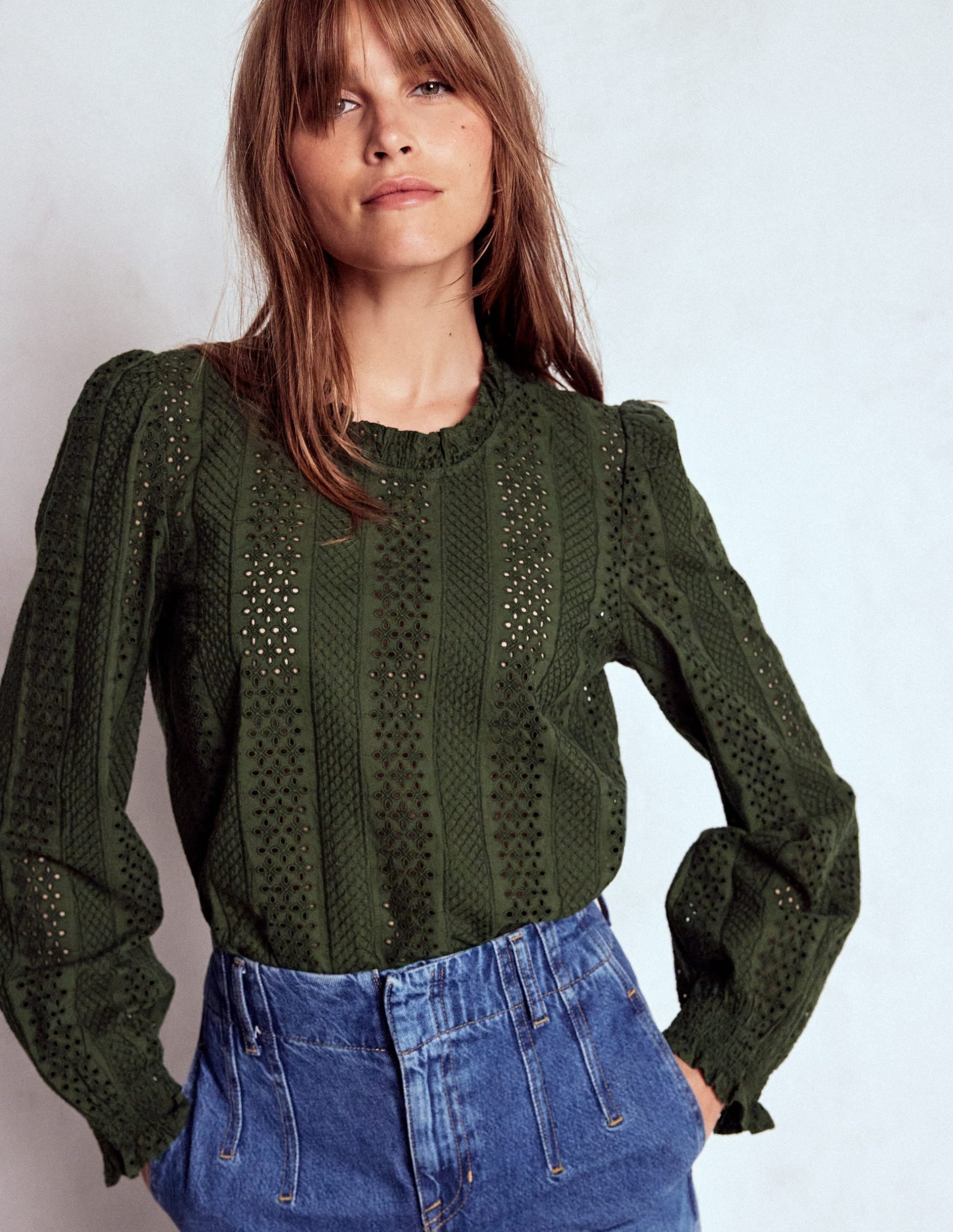 Frill Detail Broderie Top-Forest Glade - Image 4