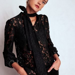 Lace Tie Neck Top-Black