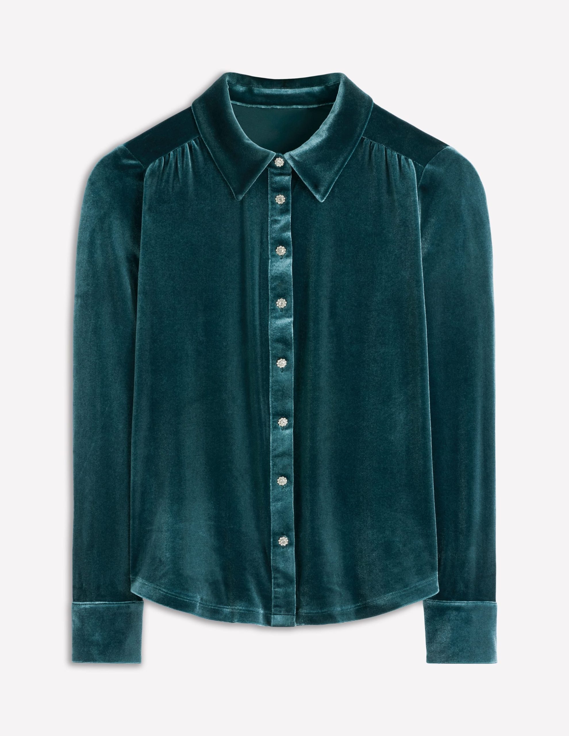 Jewel Button Velvet Shirt-Midnight Teal - Image 5