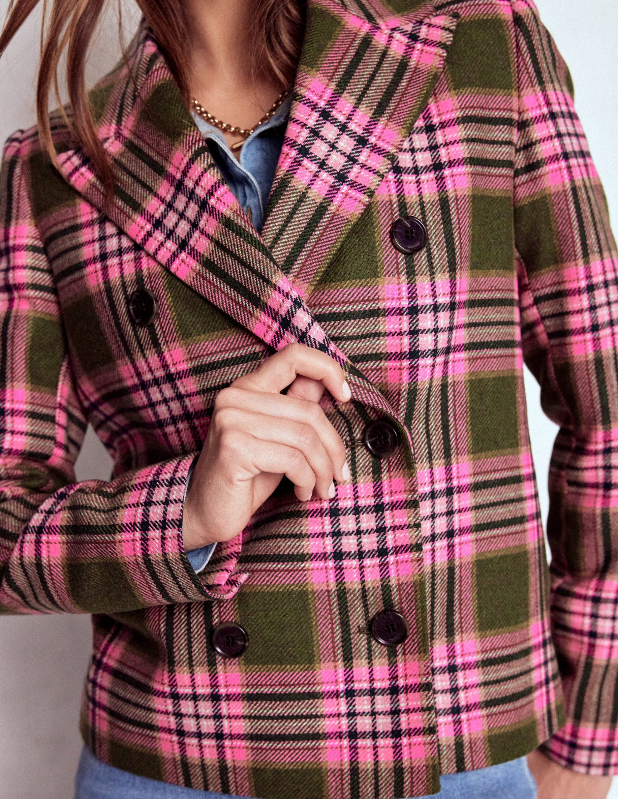 Boxy Double Breasted Blazer-Olive Green and Pink Check - Image 2
