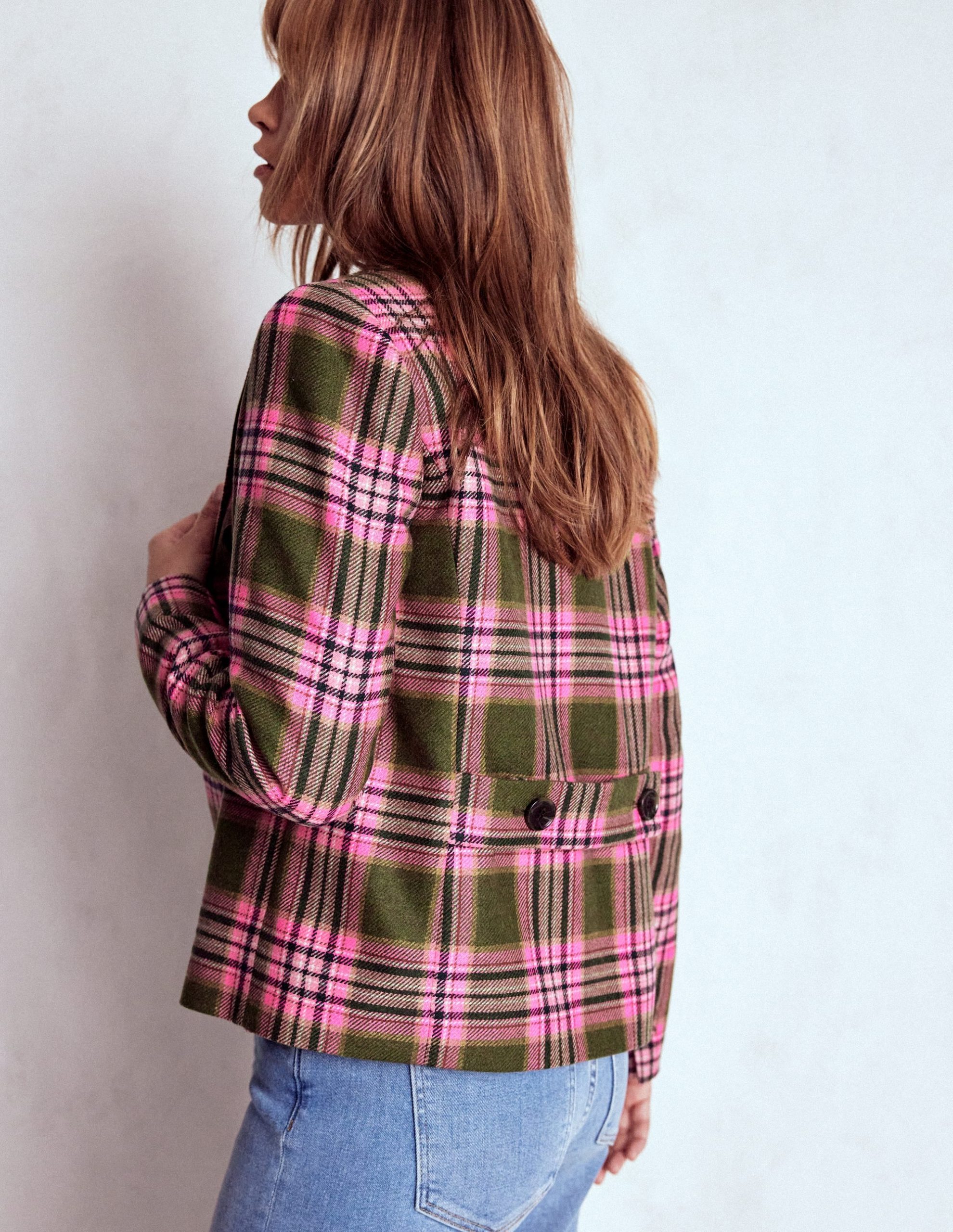Boxy Double Breasted Blazer-Olive Green and Pink Check - Image 3