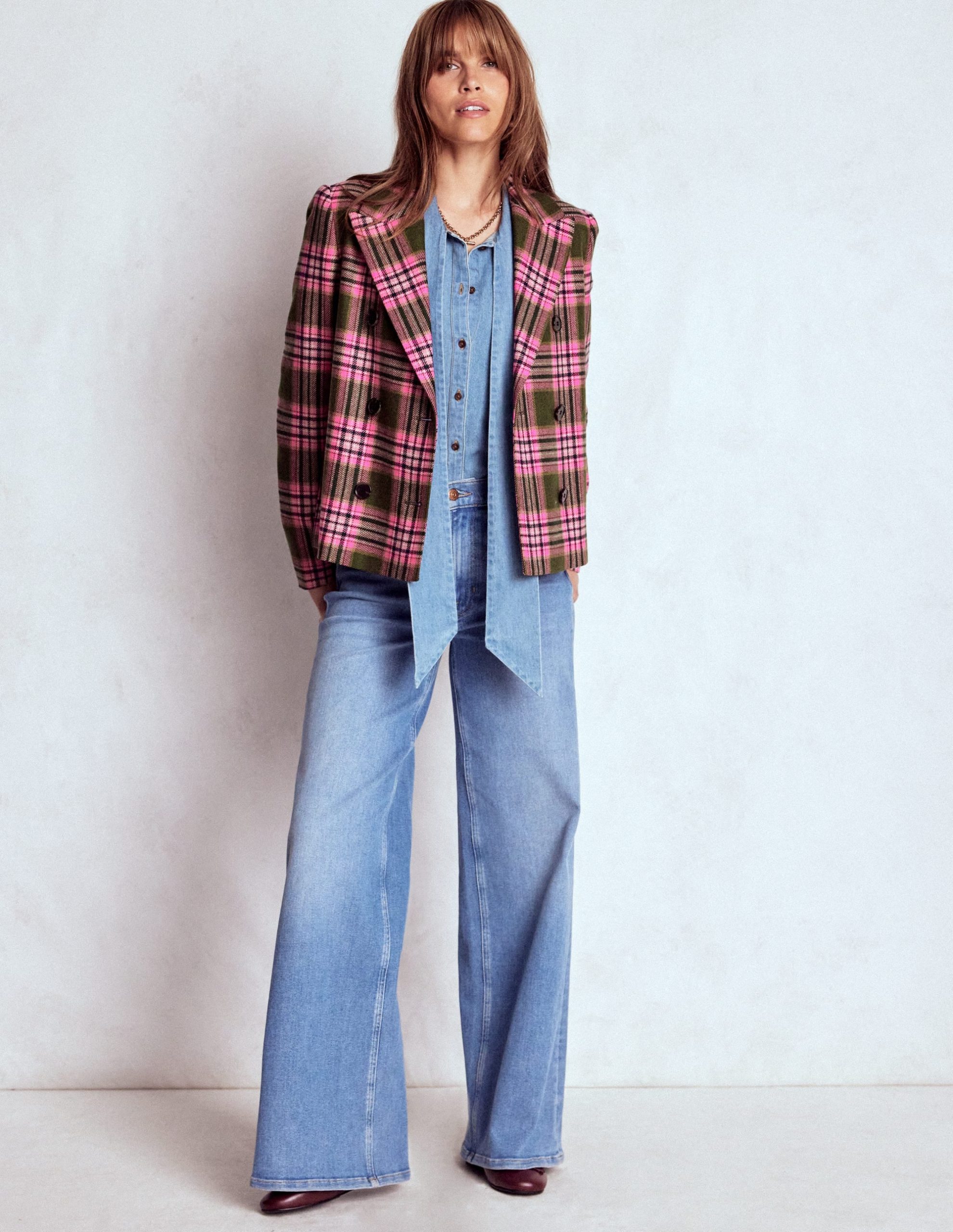 Boxy Double Breasted Blazer-Olive Green and Pink Check - Image 4