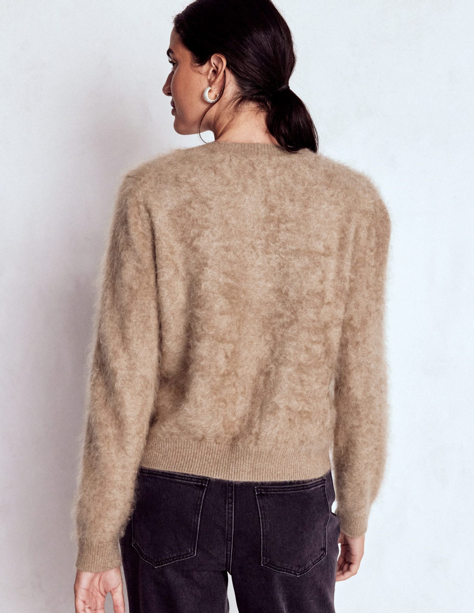 Brushed Crop Cashmere Cardigan-Dark Mink Melange - Image 3