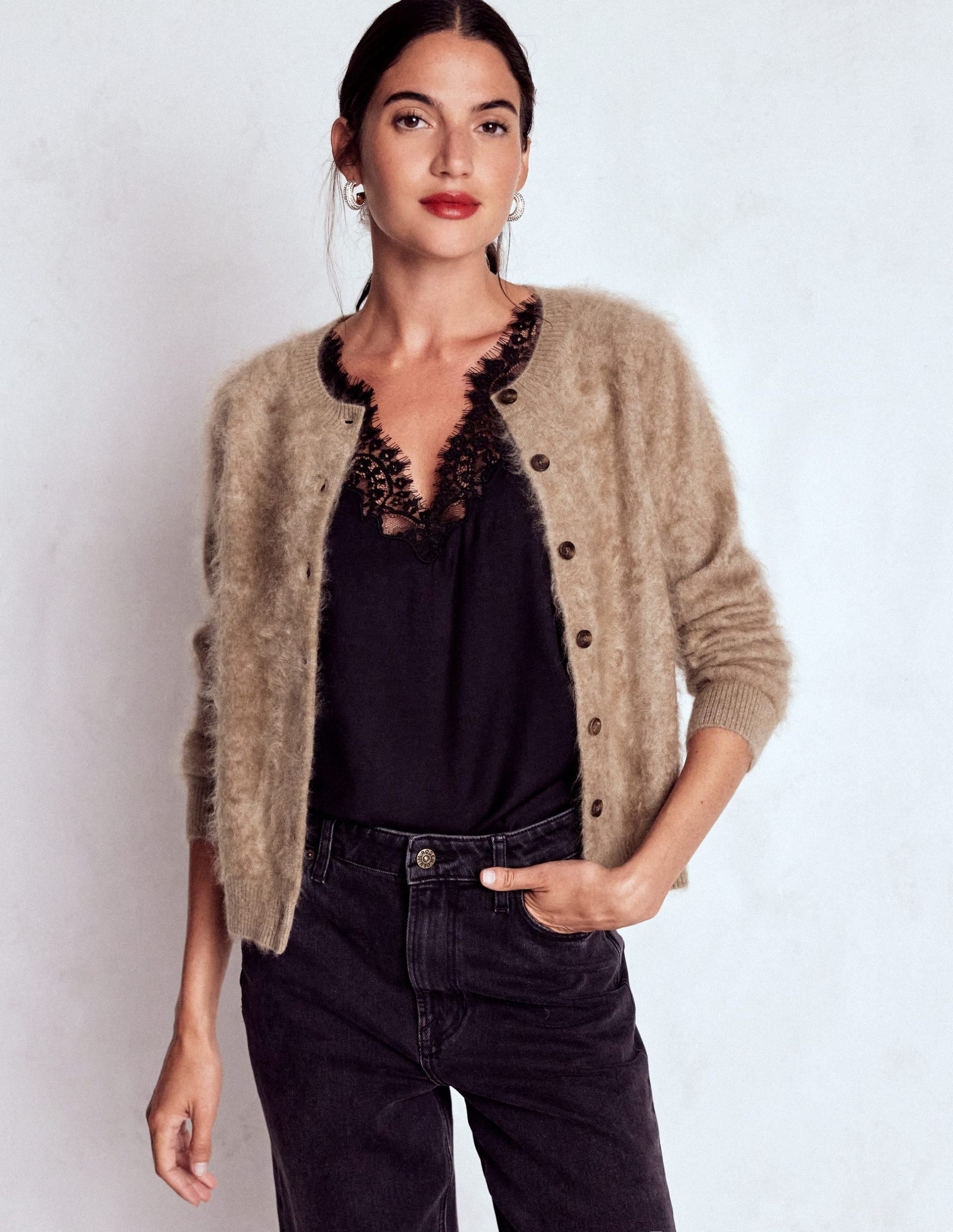 Brushed Crop Cashmere Cardigan-Dark Mink Melange - Image 4